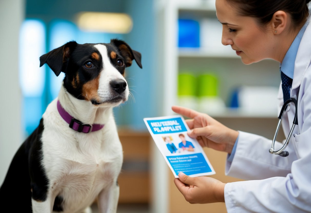 A border terrier sits beside a veterinarian, who gestures toward a neutering pamphlet