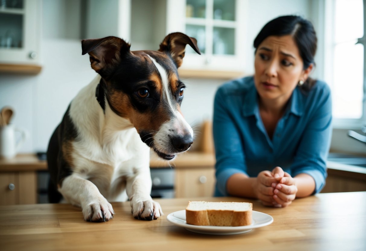A Border Terrier eagerly sniffs a piece of bread on a kitchen counter, while a concerned owner looks on