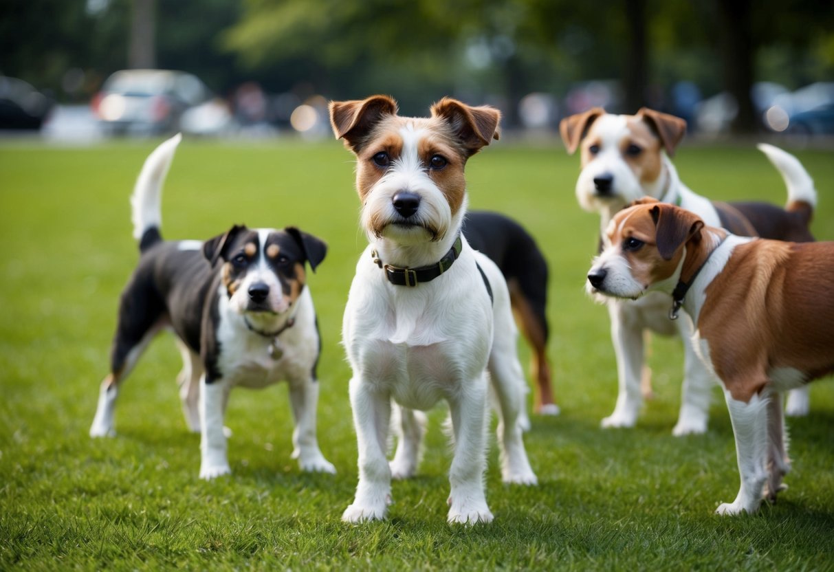 A border terrier stands in a park, surrounded by other dogs. Some are neutered, some are not. The terrier looks contemplative, with a mix of curiosity and uncertainty in its eyes
