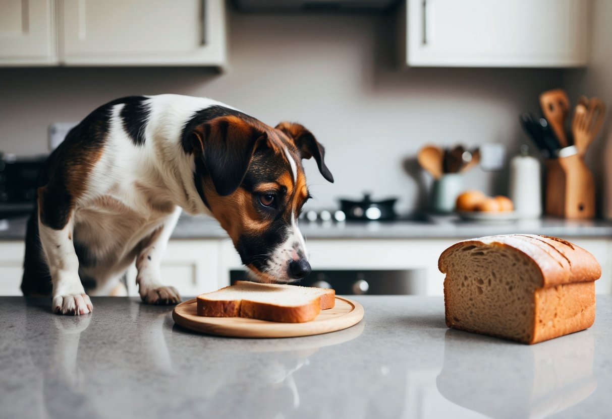 A Border Terrier eagerly sniffs a slice of bread on a kitchen counter