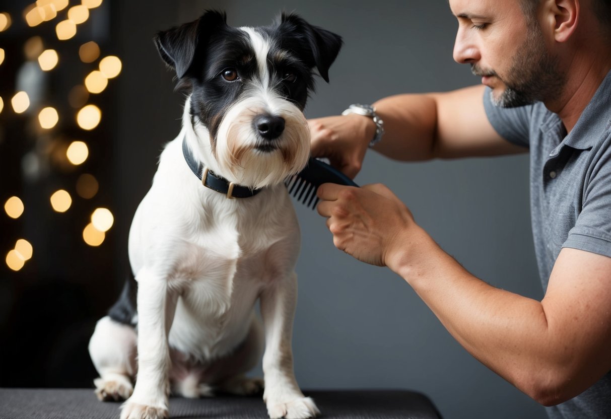 A border terrier sits calmly while being groomed by its owner, who carefully trims its coat and brushes its fur