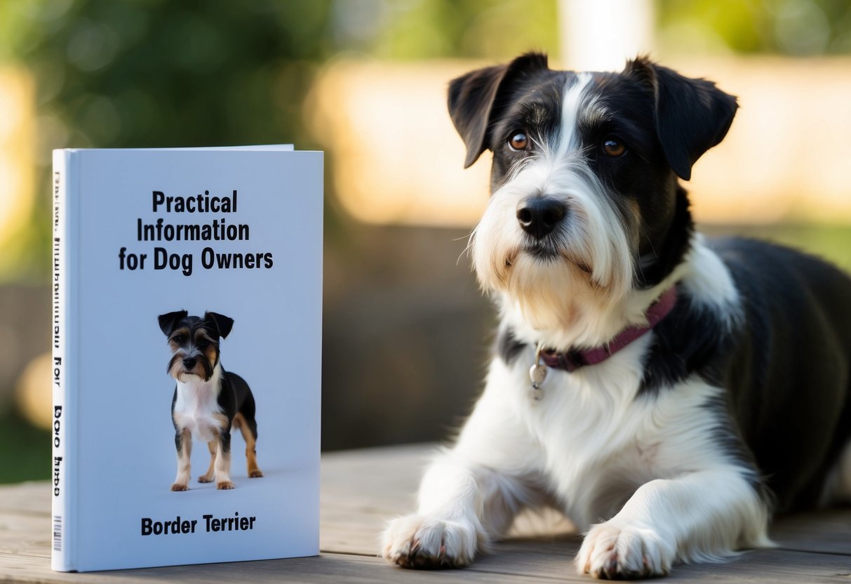 A border terrier stands beside a "Practical Information for Dog Owners" book, with a thoughtful expression