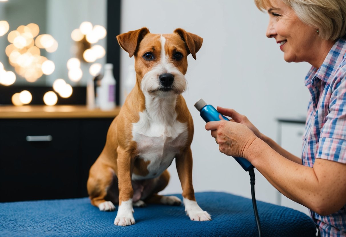 A Border Terrier sitting calmly while being groomed by its owner