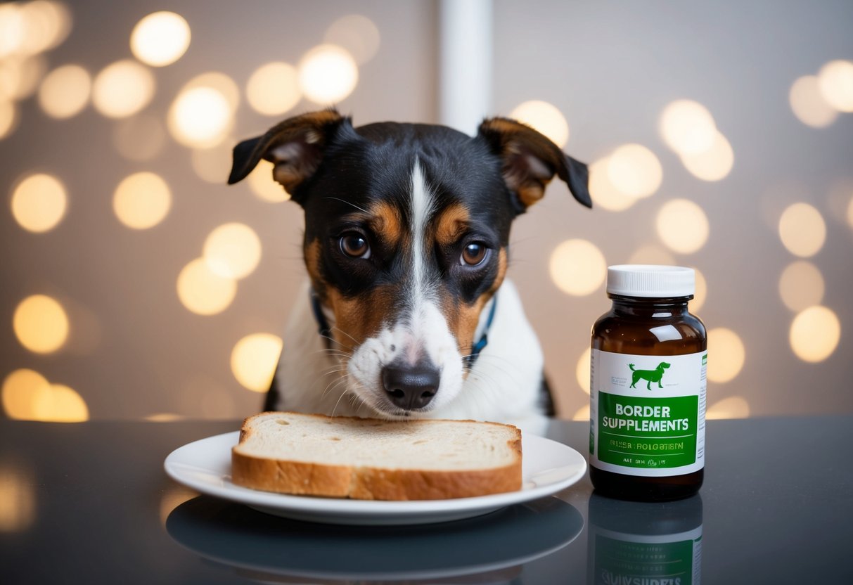A Border Terrier eagerly sniffs a plate of bread while a bottle of supplements sits nearby