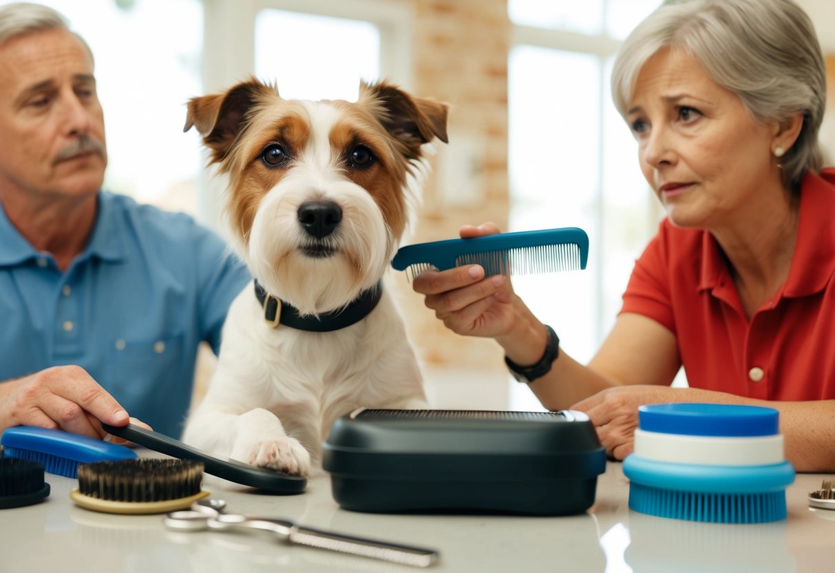 A Border Terrier being groomed with a brush and comb, surrounded by various grooming supplies and a concerned owner looking on