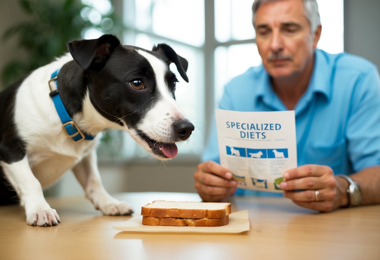 A border terrier eagerly sniffs a slice of bread on a table, while a concerned owner looks on, holding a pamphlet about specialized diets