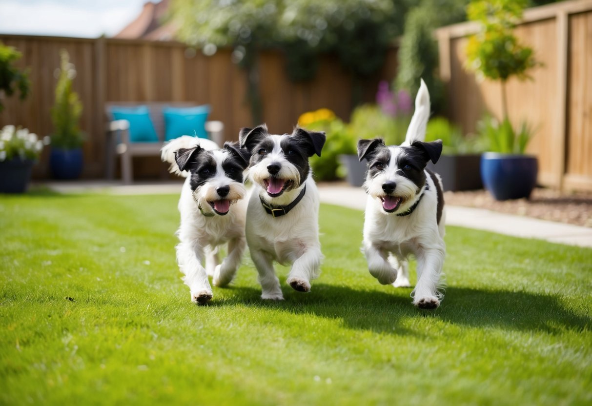 Two border terriers happily playing with their owner in a well-maintained backyard garden