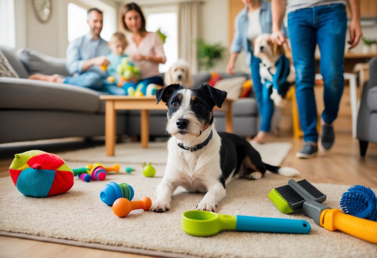 A border terrier lounges in a cozy living room, surrounded by toys and grooming tools. A busy family bustles around, showcasing the breed's adaptability to various lifestyles