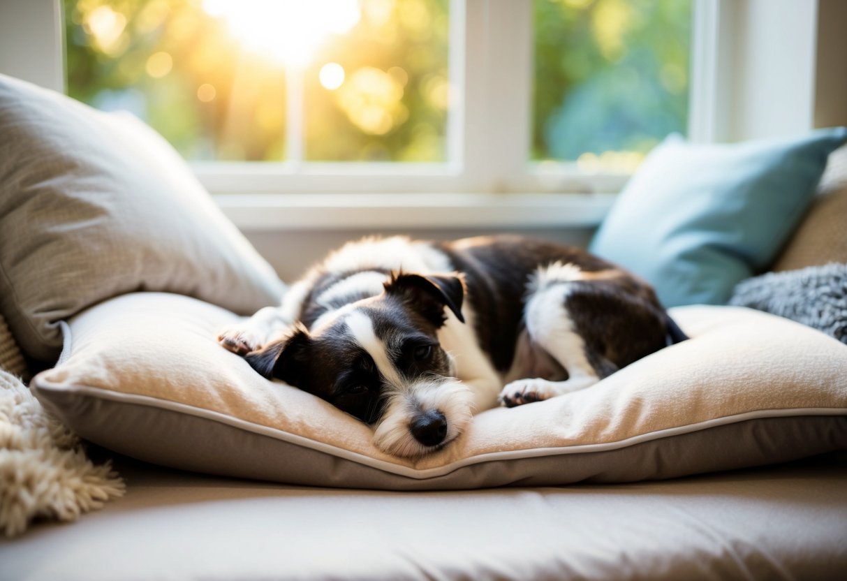 A border terrier naps peacefully on a cozy dog bed, surrounded by soft pillows and blankets, with sunlight streaming in through a window