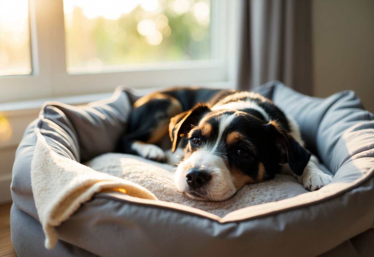 A Border Terrier sleeping peacefully in a cozy dog bed, surrounded by soft blankets and with a gentle sunlight streaming through a nearby window