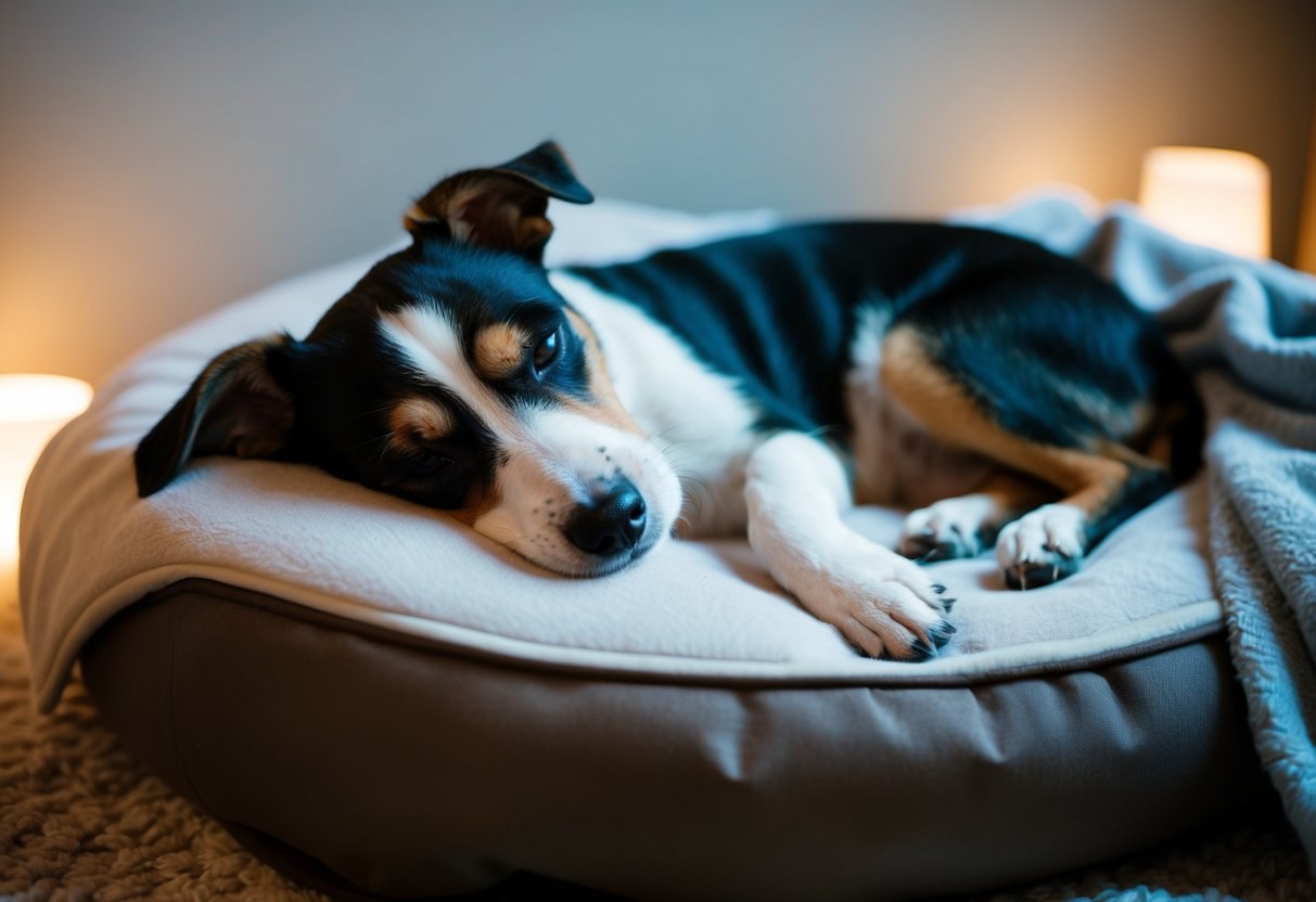 A content Border Terrier peacefully sleeping on a cozy dog bed, surrounded by calming elements such as soft blankets and dim lighting