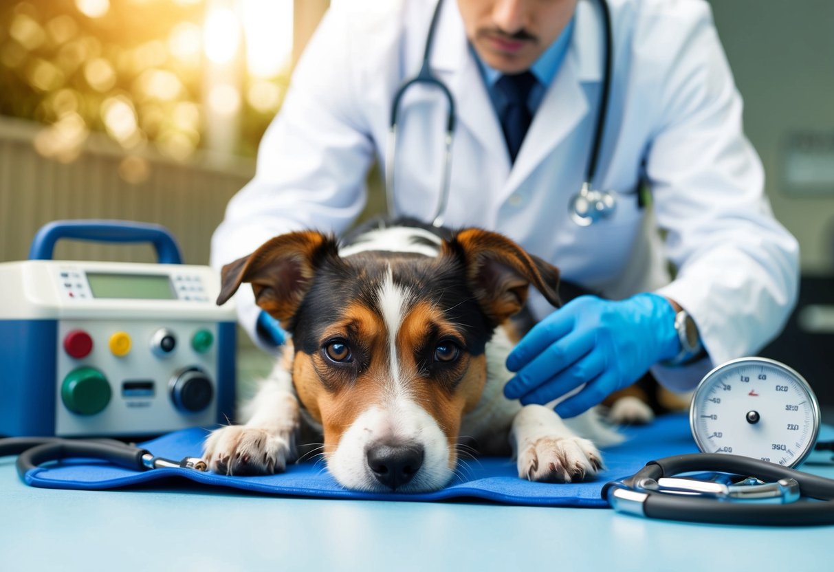A border terrier lying down with a concerned expression, surrounded by various medical equipment and a vet examining them