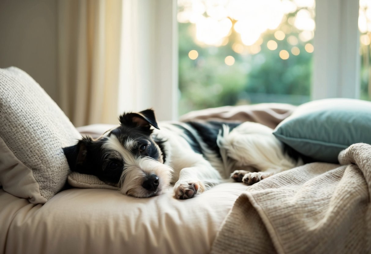 A Border Terrier peacefully snoozing on a cozy bed, surrounded by soft pillows and blankets, with a gentle sunlight streaming through the window