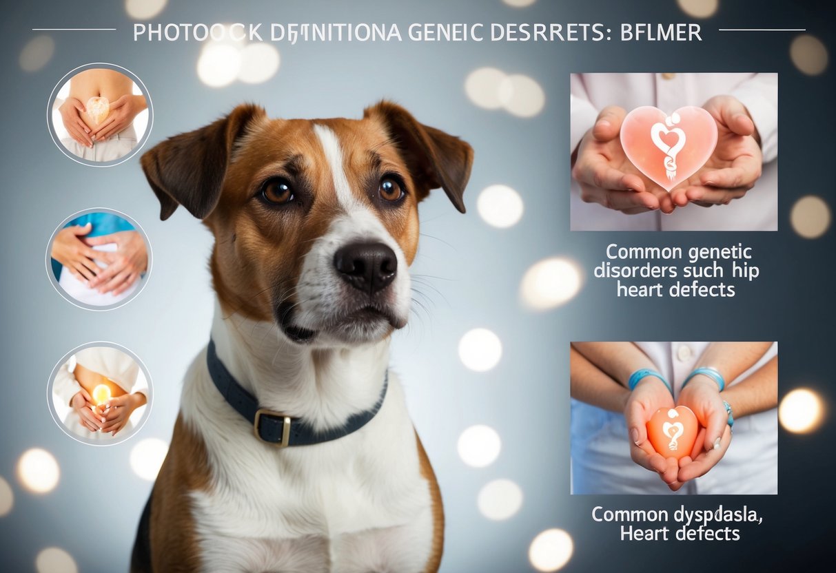 A Border Terrier with a concerned expression, surrounded by images of common genetic disorders such as hip dysplasia and heart defects