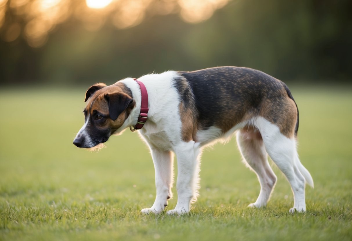 A Border Terrier stands with a limp, favoring its hind leg. Its body is slightly hunched, and it looks uncomfortable