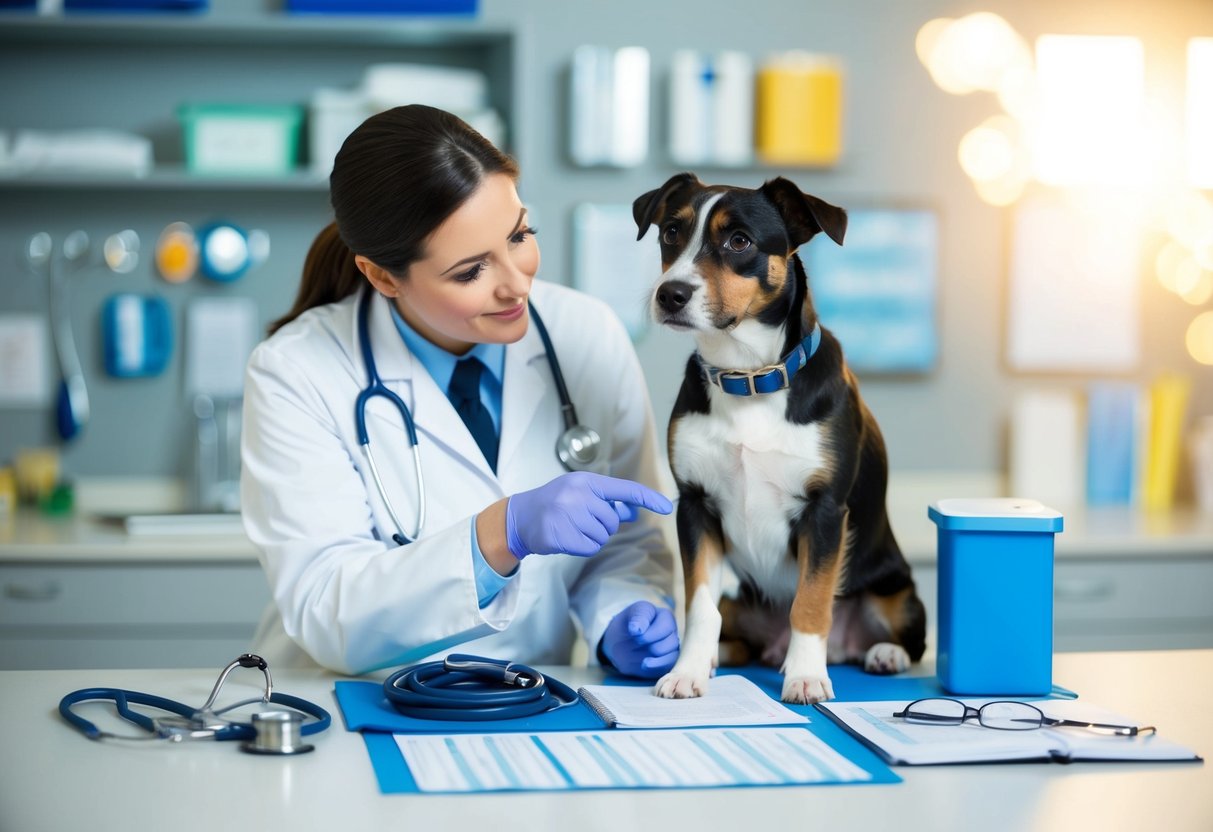 A Border Terrier stands with a vet, surrounded by medical equipment and charts, discussing health concerns