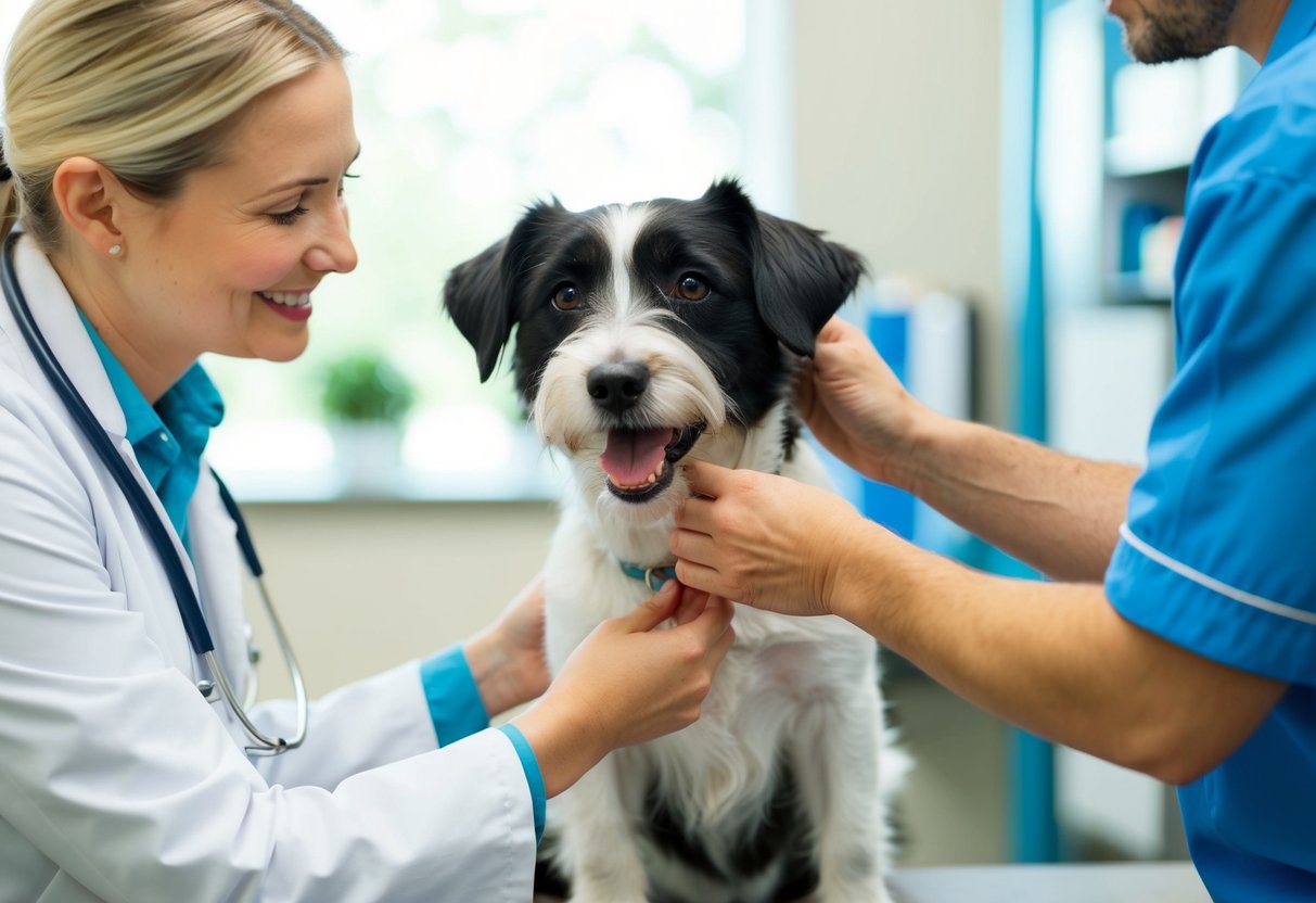 A border terrier receiving a check-up at the veterinarian's office, with the vet examining the dog's ears, teeth, and coat