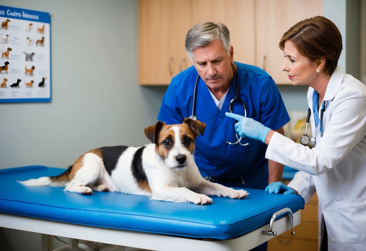 A border terrier lying on a vet's examination table, with concerned owner looking on. The vet is pointing to a chart of common canine illnesses