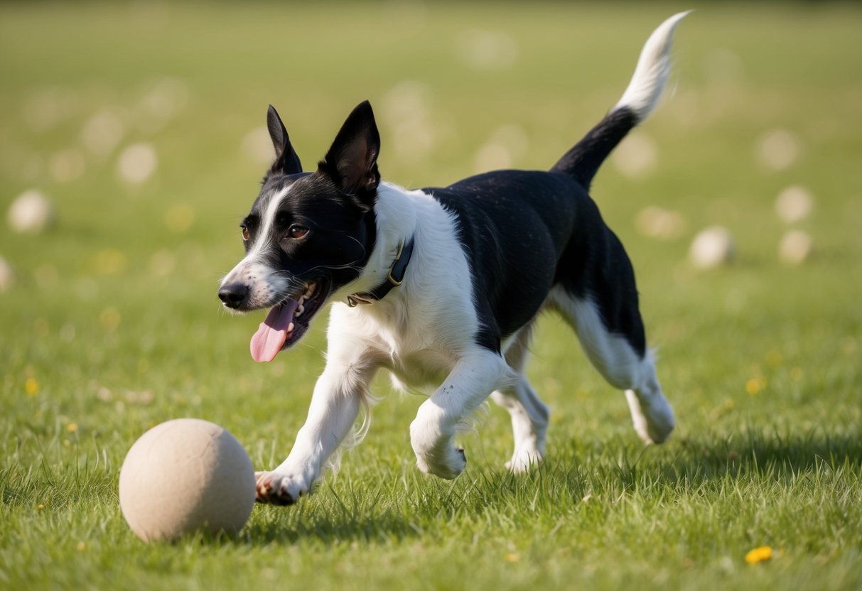A border terrier running through a grassy field, chasing after a ball with its tongue hanging out and tail wagging energetically