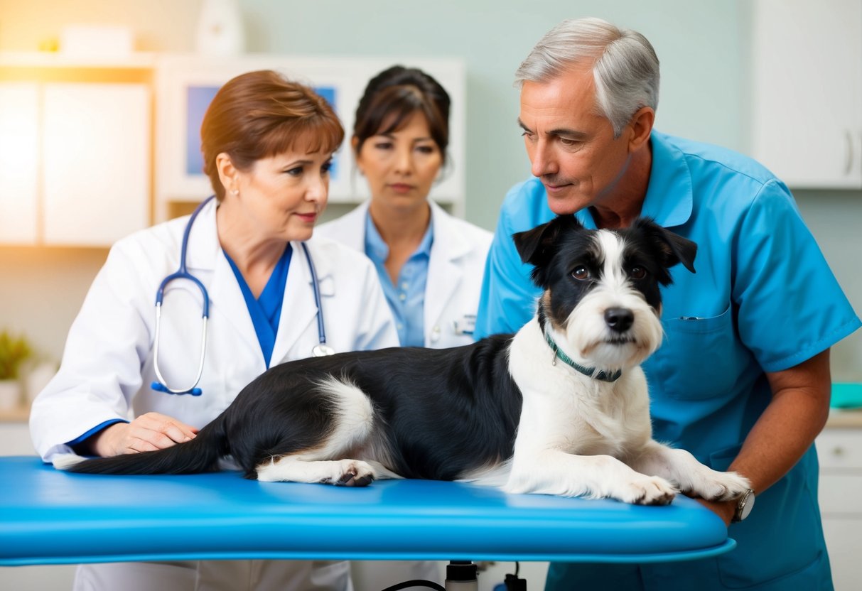 A Border Terrier lying on a veterinarian's examination table, with concerned owner looking on. The vet is discussing health concerns with the owner