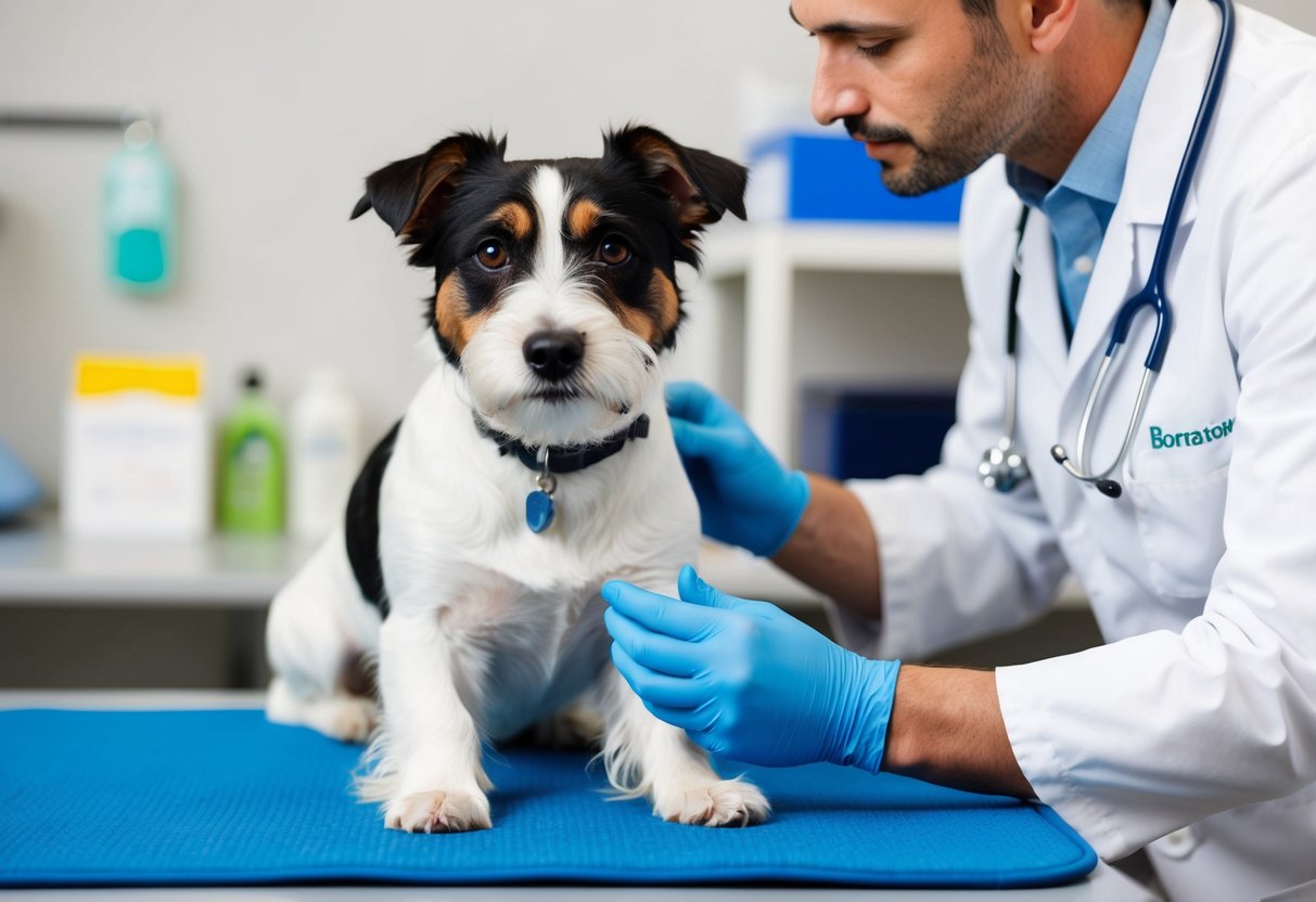 A border terrier receiving routine care at the vet's office, with the veterinarian discussing preventative measures for common illnesses