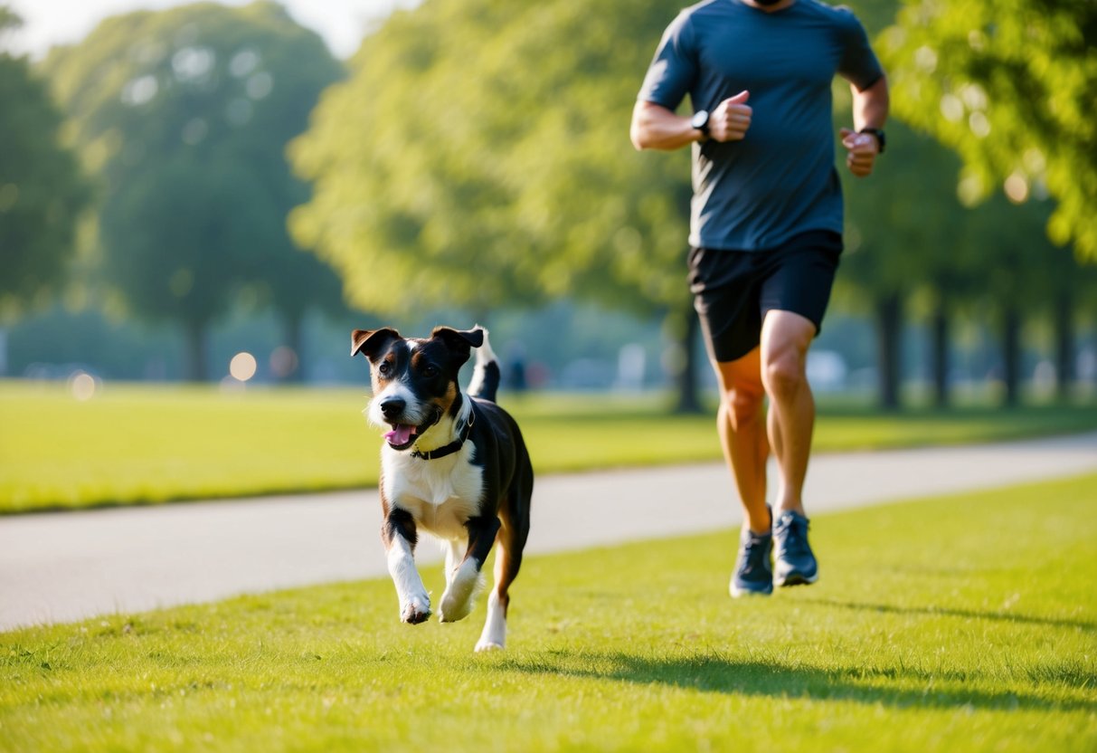 A border terrier running alongside its owner during a morning jog in a park