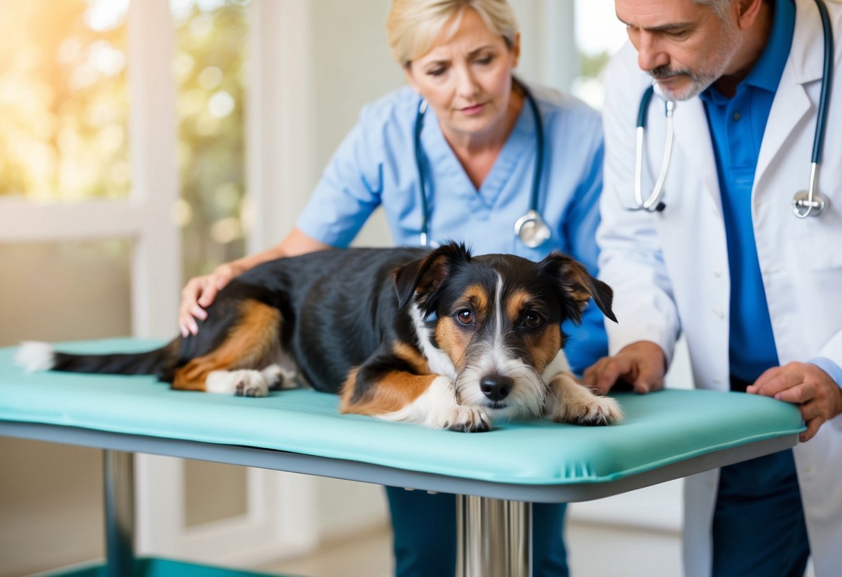 A border terrier lying on a vet's examination table, with a concerned owner looking on as the vet checks for signs of common health issues like hip dysplasia and heart problems