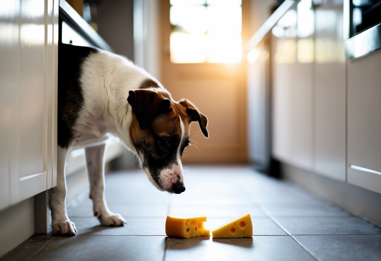 A border terrier eagerly sniffs a piece of cheese on a kitchen floor
