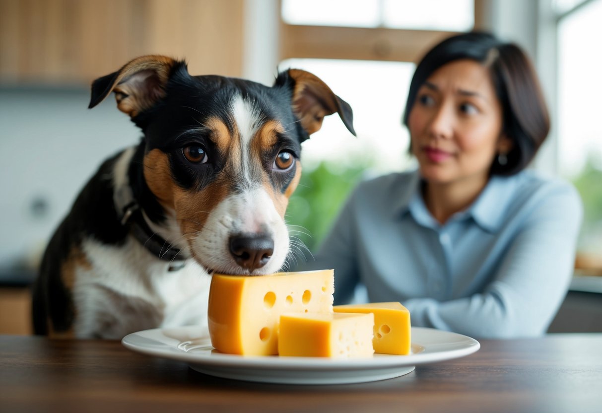 A Border Terrier eagerly sniffs a plate of cheese, while their owner looks on with a questioning expression