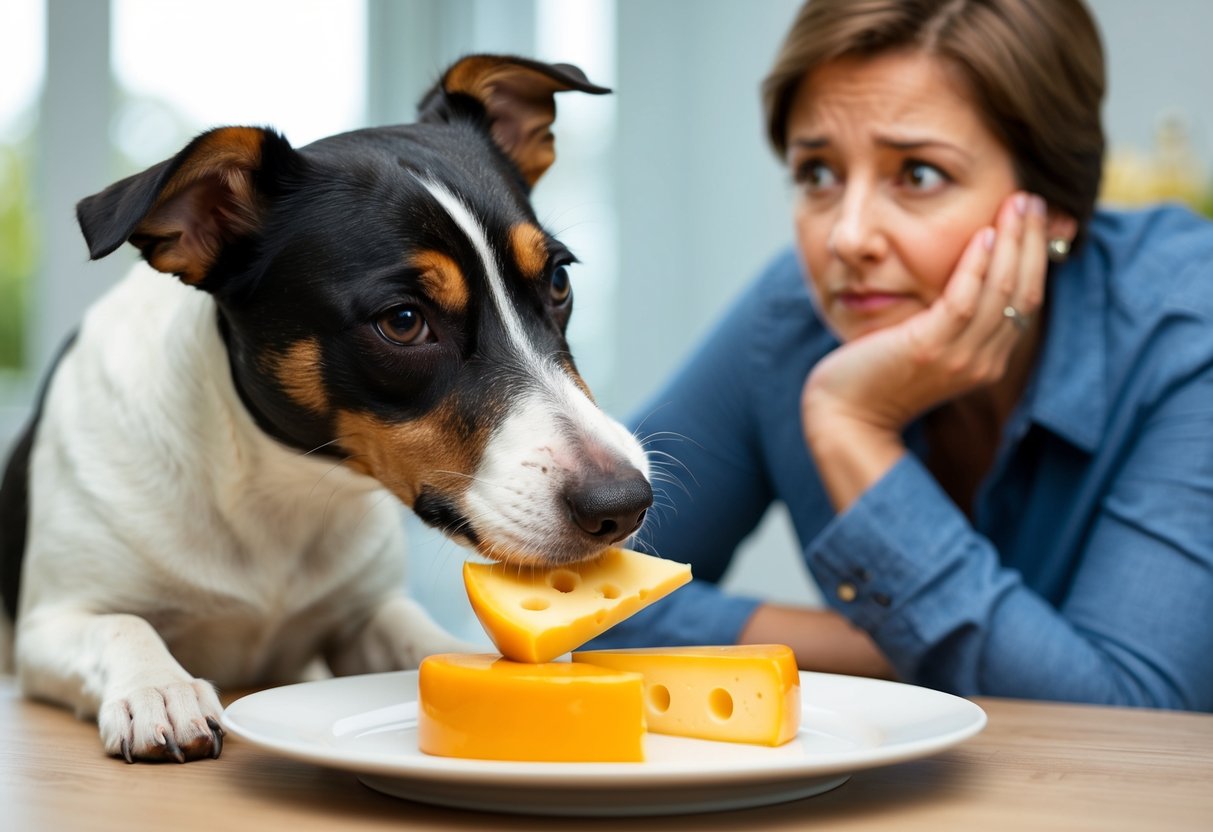 A border terrier eagerly sniffs a plate of cheese while a concerned owner looks on, weighing the potential benefits and risks