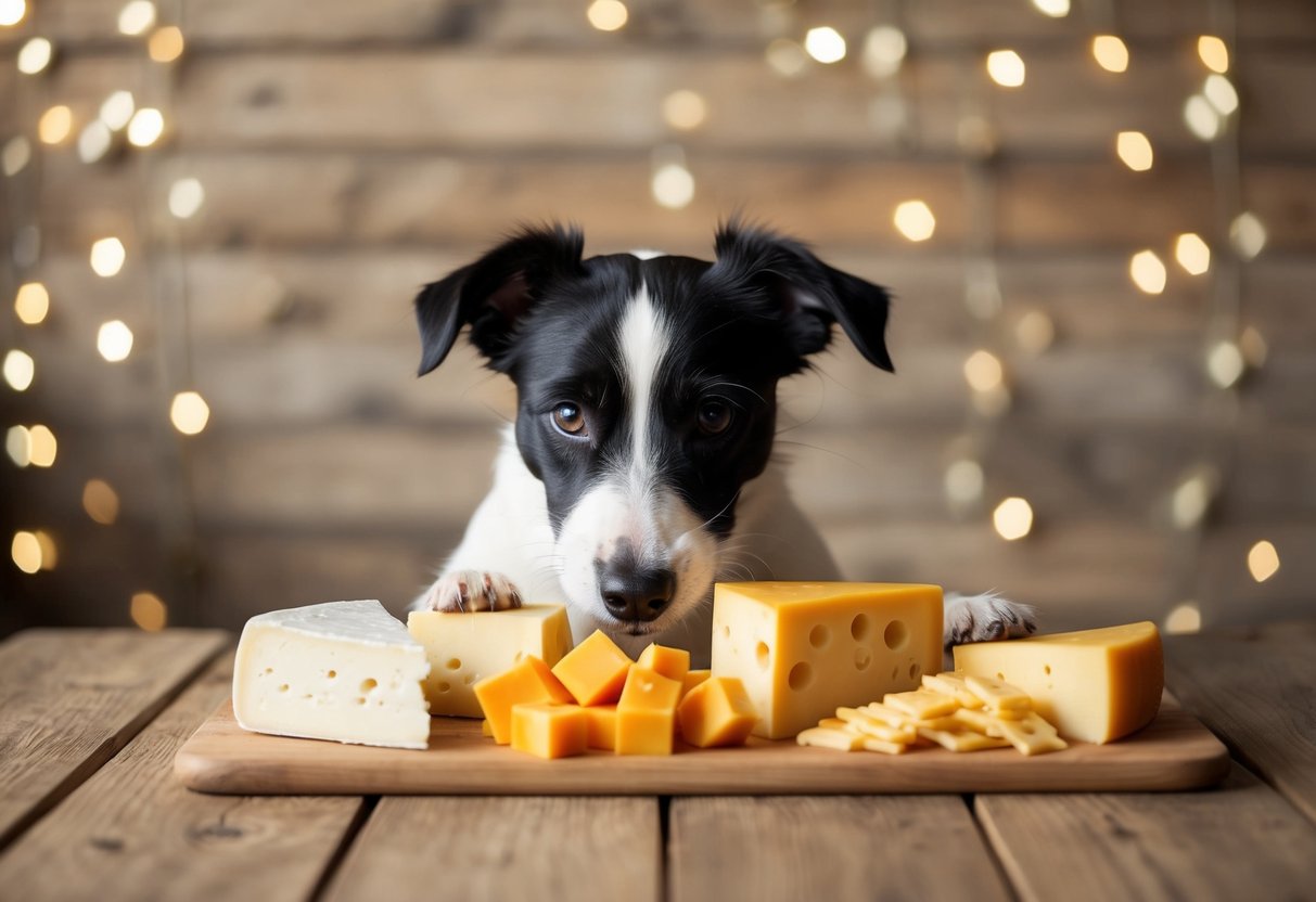 A border terrier eagerly sniffs a variety of cheese options laid out on a wooden table, while its tail wags in excitement