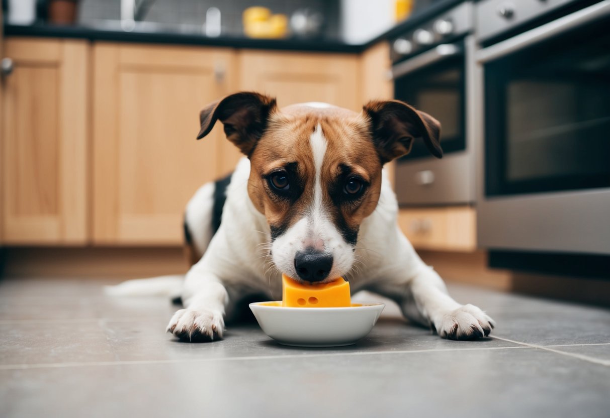A Border Terrier eagerly eats cheese from a bowl on the kitchen floor