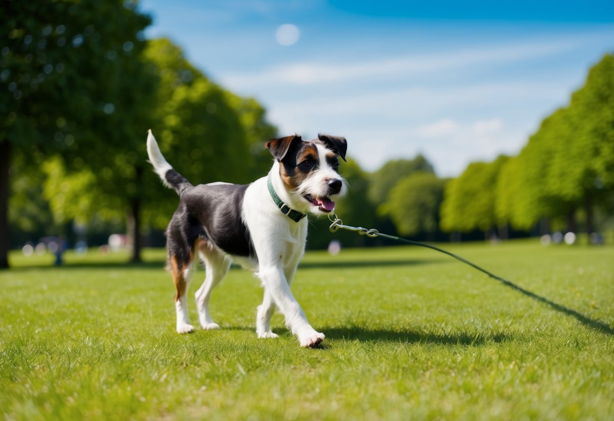 A border terrier walks on a leash in a green park surrounded by trees and a clear blue sky above