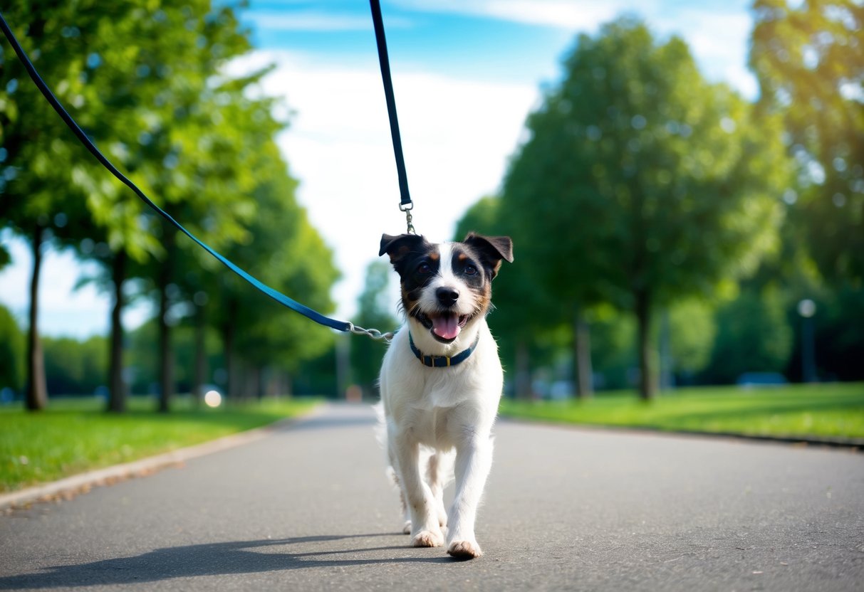 A Border Terrier walks happily on a leash through a green park with trees and a clear blue sky above