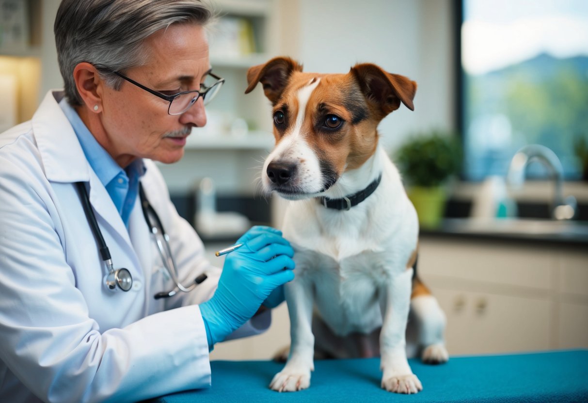 A Border Terrier with a concerned expression being examined by a veterinarian for signs of arthritis