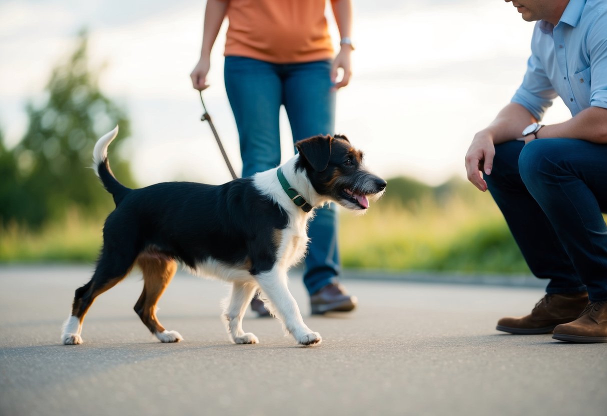 A Border Terrier walks with a slight limp, favoring one leg, while a concerned owner looks on