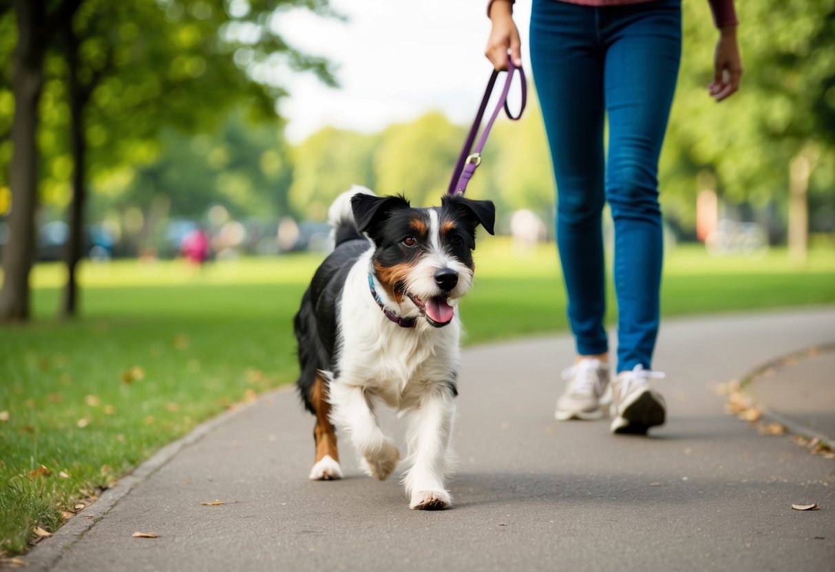A border terrier eagerly walks beside its owner in a park, enjoying the interactive play and exercise variations