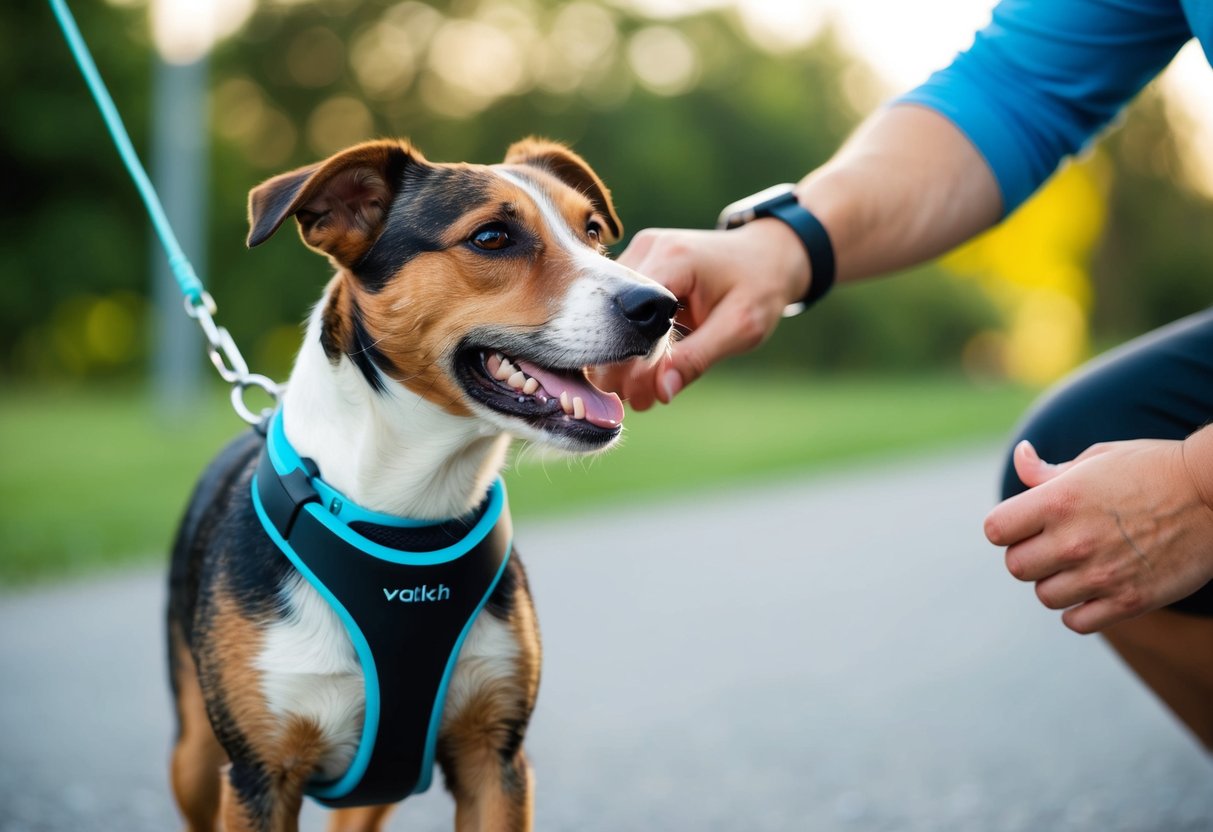 A border terrier walks on a leash, a fitness tracker on its collar. A person checks their watch, smiling