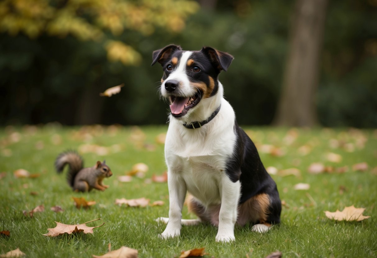 A border terrier sits on a patch of grass, teeth chattering, surrounded by fallen leaves and a small squirrel in the distance