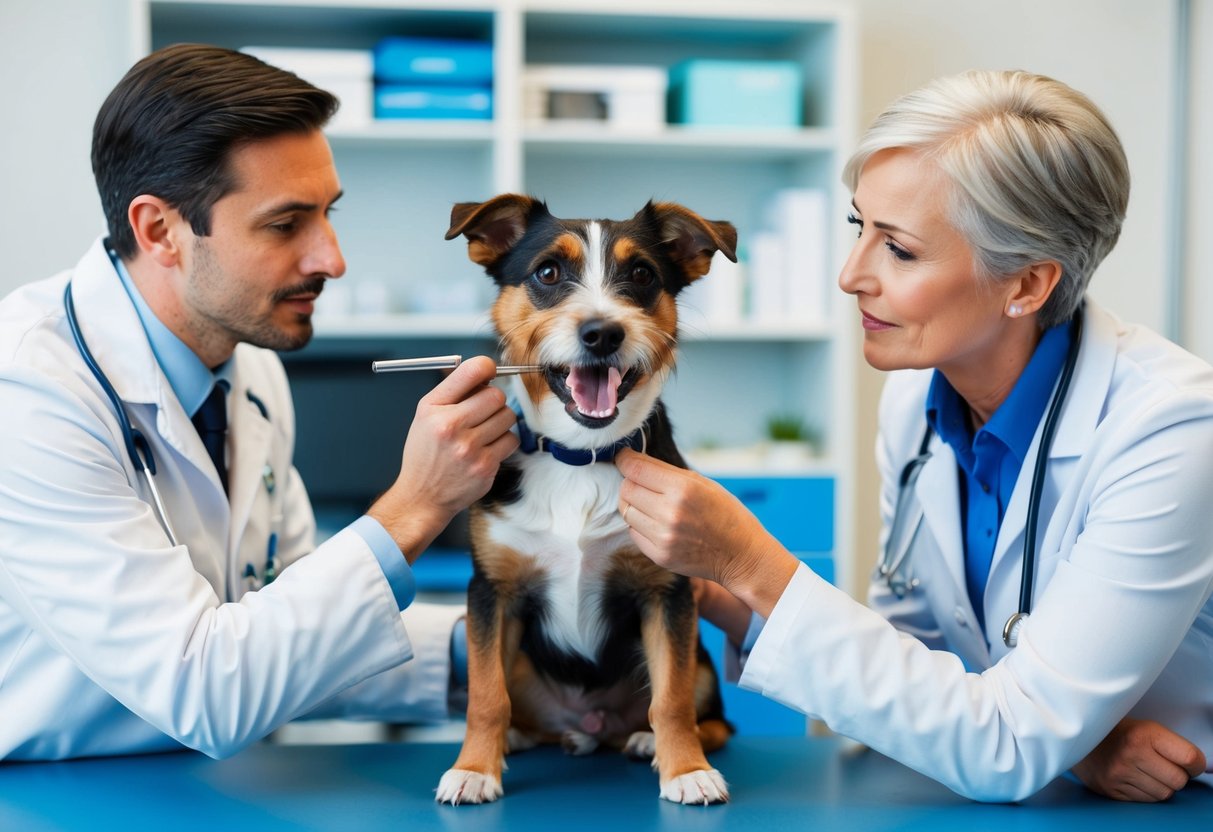 A border terrier sits in a vet's office, chattering its teeth. The vet examines the dog's mouth while the concerned owner looks on