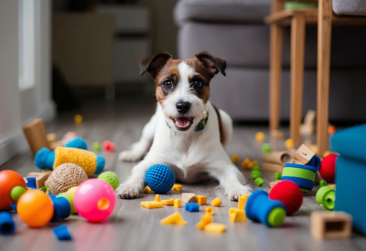 A border terrier surrounded by chewed up toys and scattered pieces of furniture