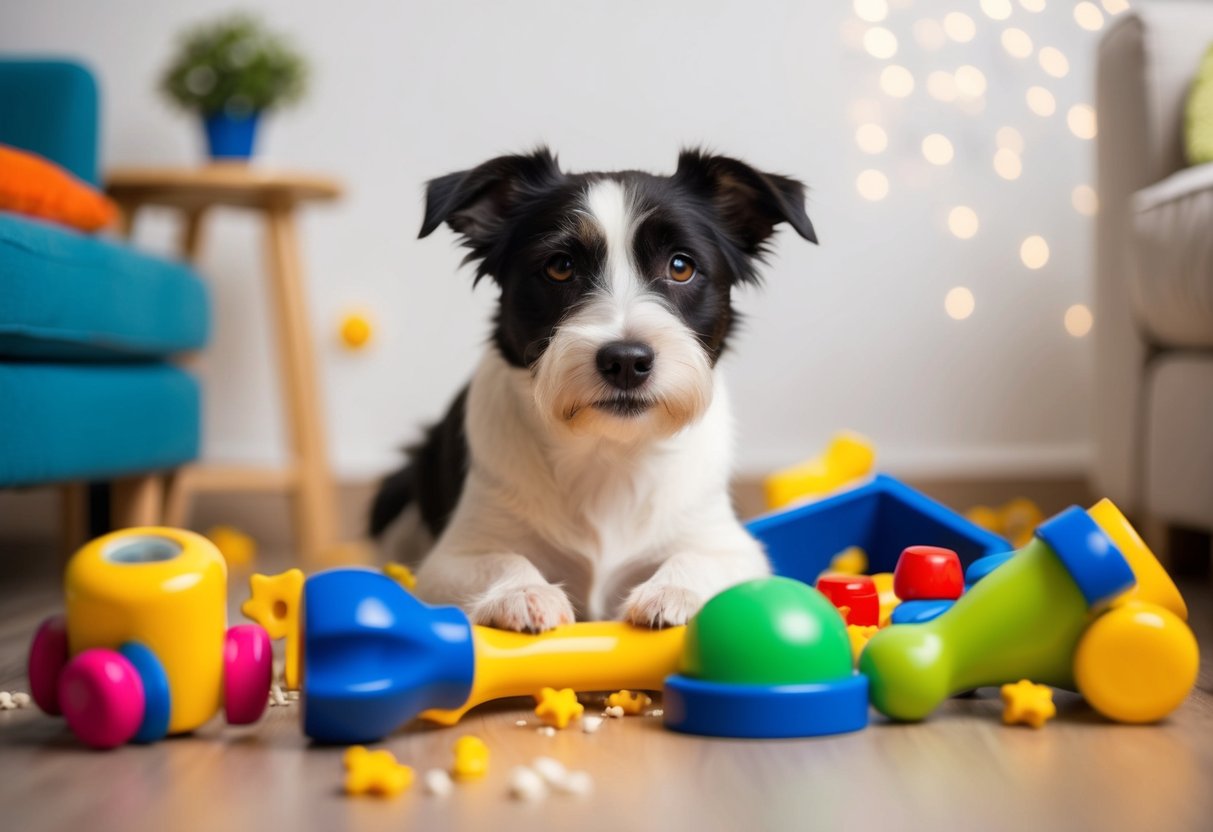 A Border Terrier surrounded by chewed up toys and furniture, with a guilty expression on its face