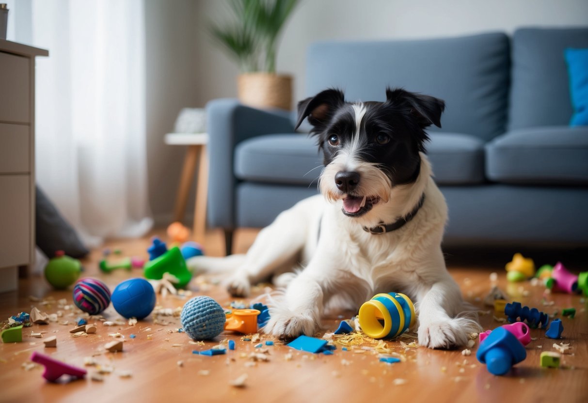 A border terrier surrounded by chewed up toys and furniture, with scattered pieces of shredded items around the room