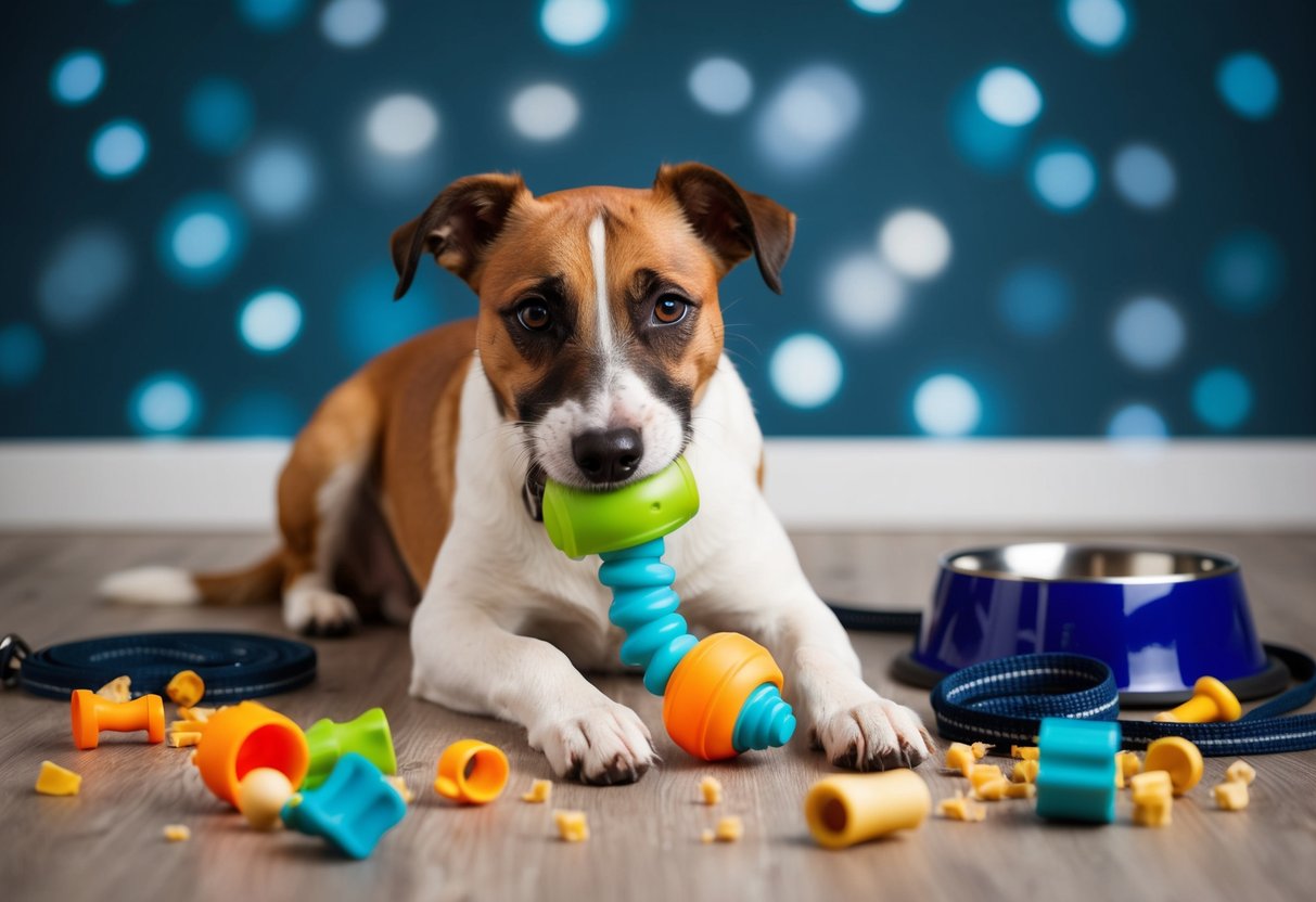 A border terrier happily chews on a toy while surrounded by scattered chewed-up items, with a leash and dog bowl nearby