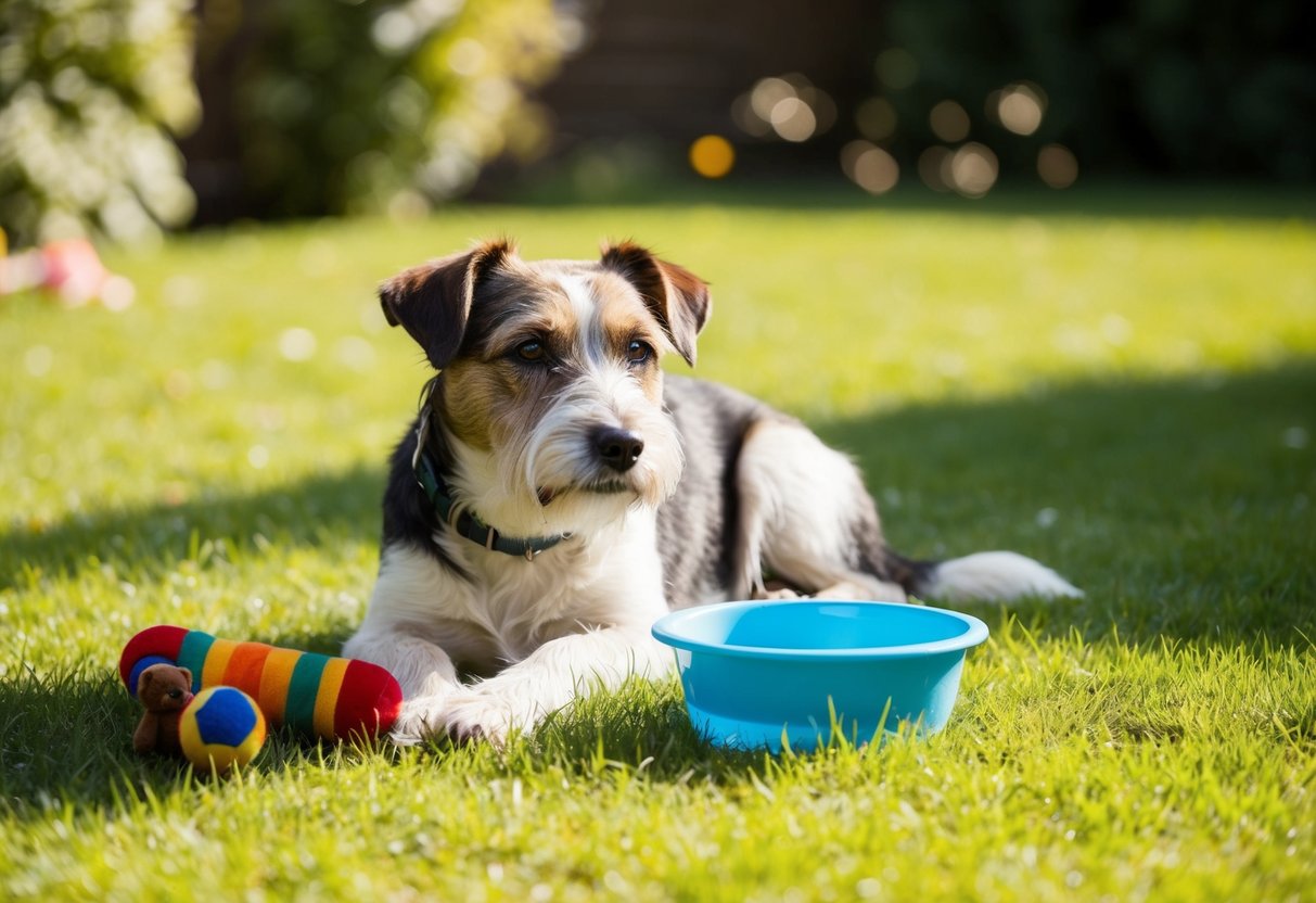 A content old border terrier rests in a sunlit garden, surrounded by toys and a water bowl