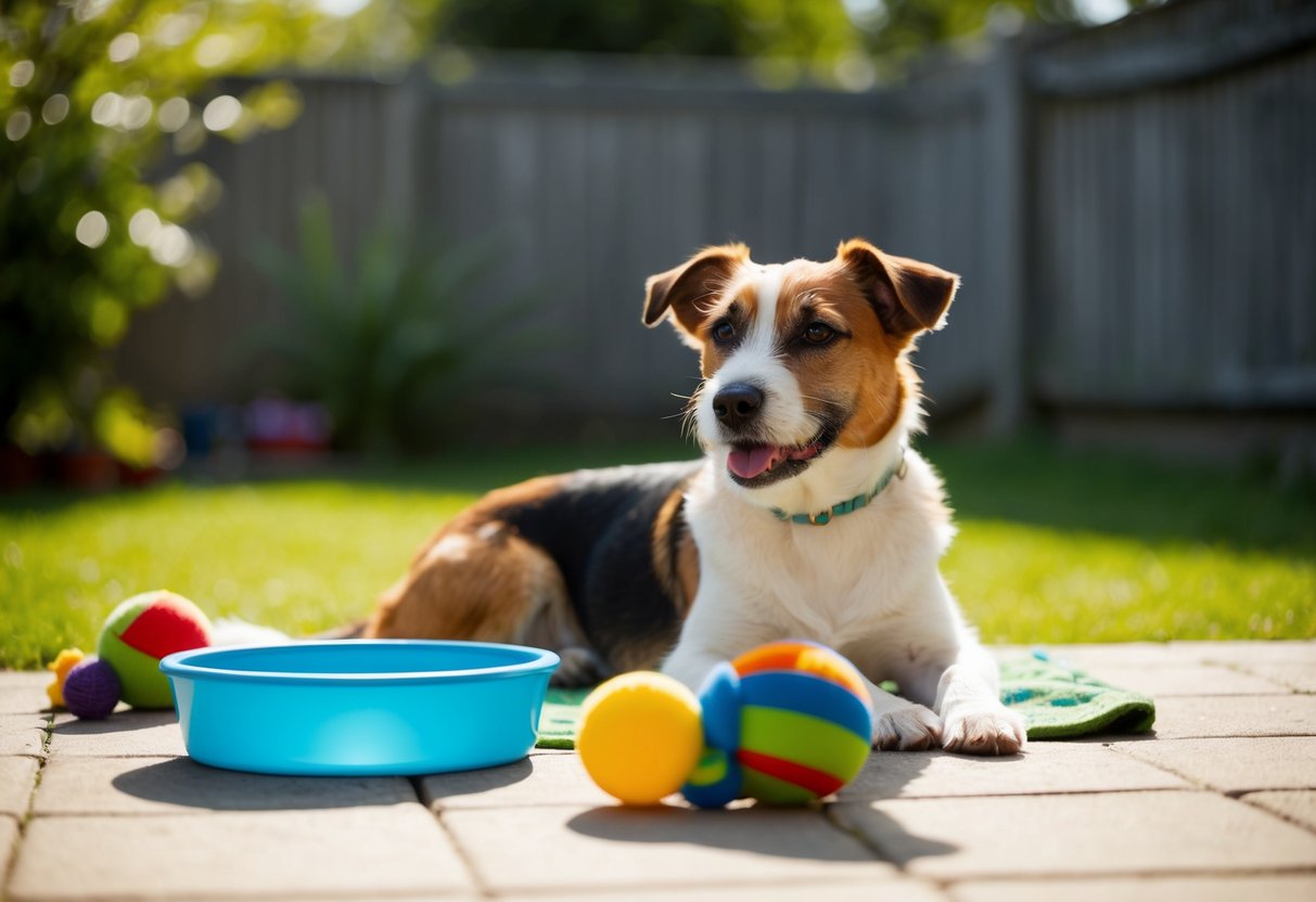 A Border Terrier lounging in a sunlit backyard, surrounded by toys and a water bowl, with a contented expression on its face
