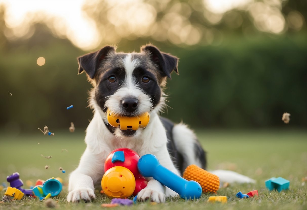 A border terrier with chewed up toys and scattered debris around them