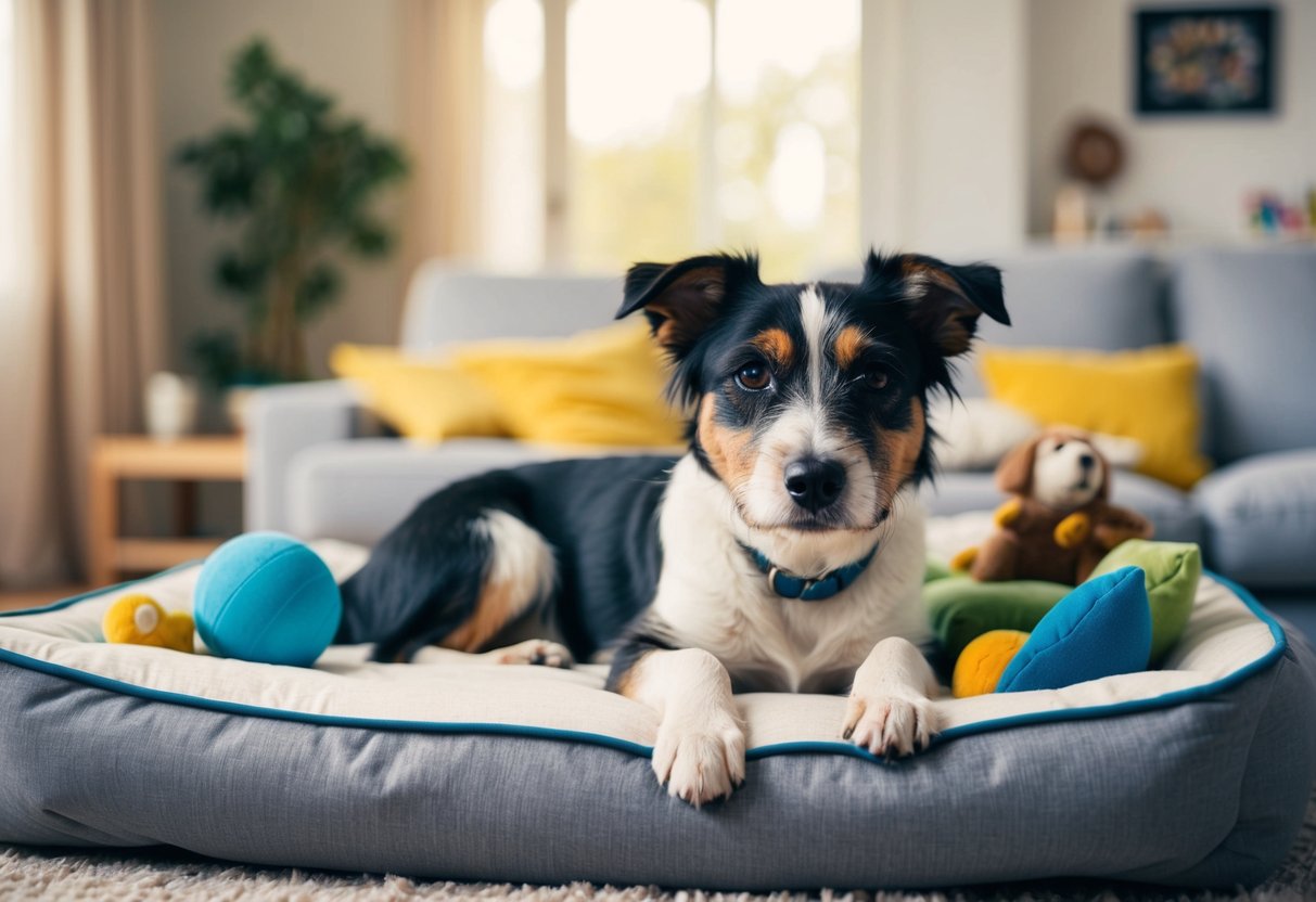 A border terrier relaxes in a cozy living room, surrounded by its favorite toys and a comfortable bed. The dog looks content and relaxed, showing signs of slowing down with age