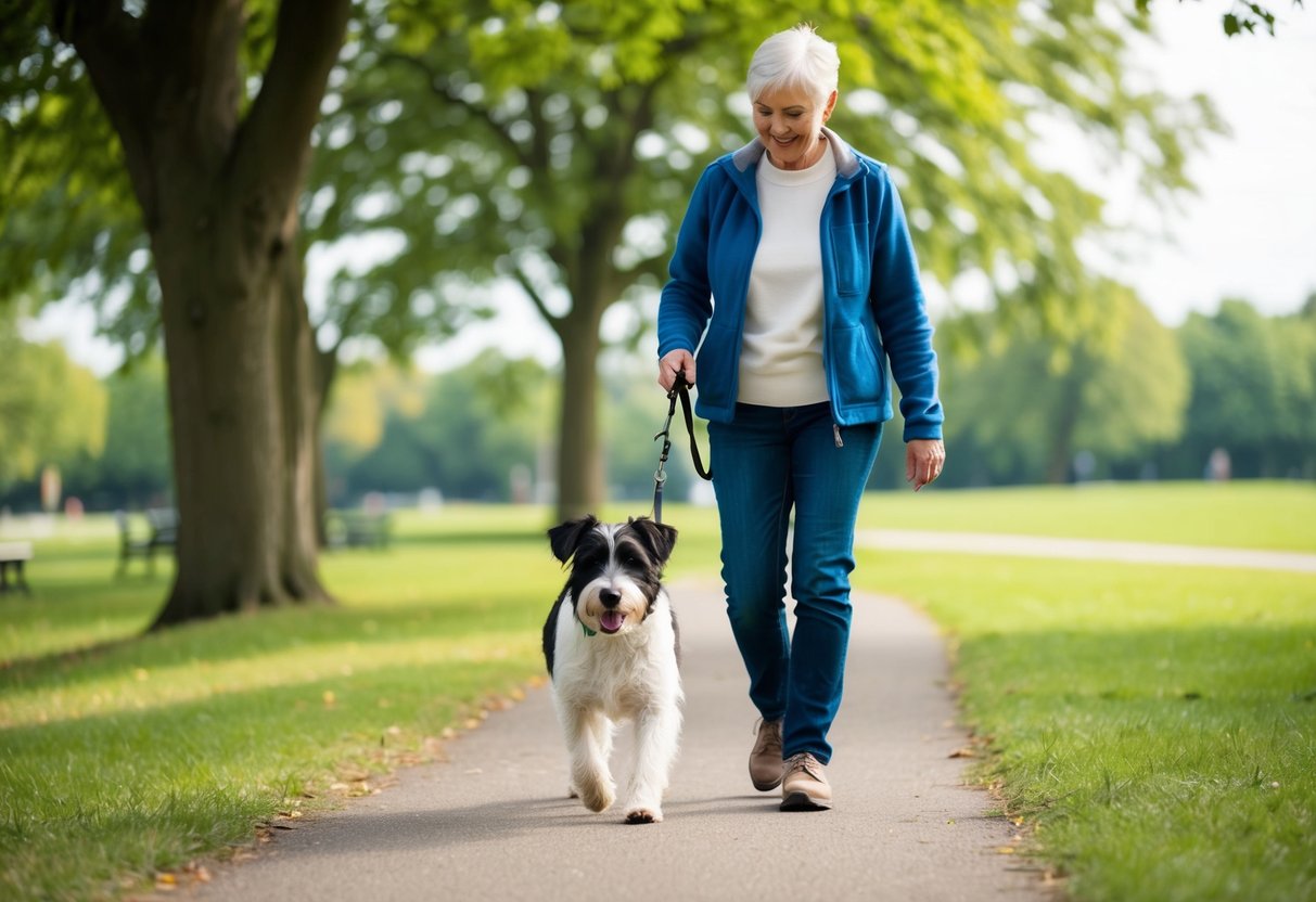 A border terrier, now older, walks slowly alongside its owner in a peaceful park setting, surrounded by trees and greenery