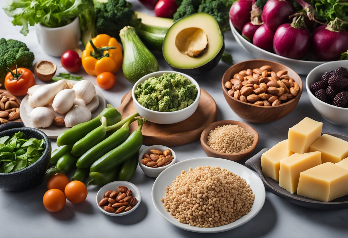 A kitchen counter with a variety of keto-friendly foods and ingredients, including vegetables, meats, nuts, and healthy fats